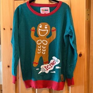 Tipsy Elves Teal Sweater with Gingerbread Design